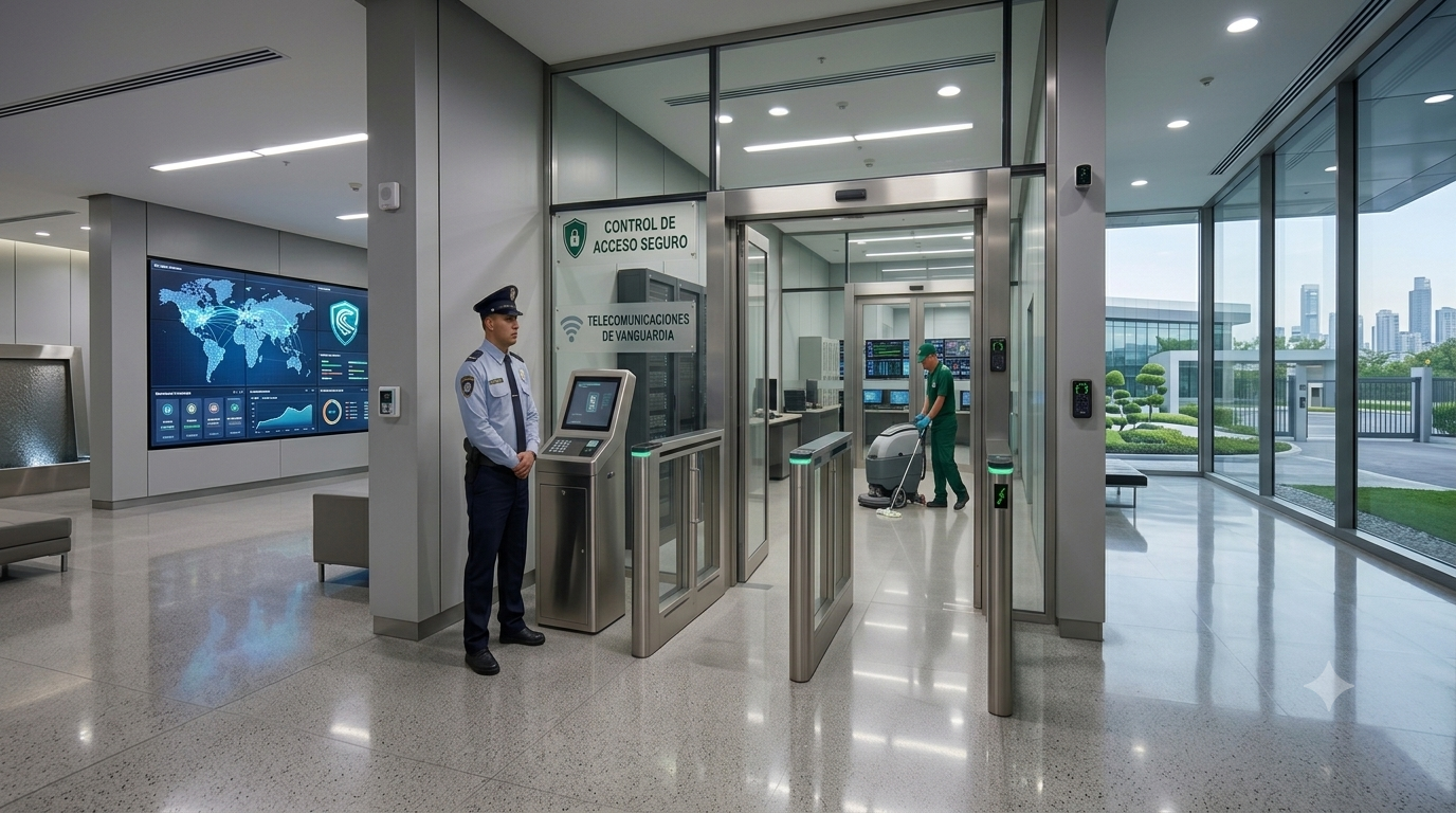 Edificio corporativo con control de acceso y comunicaciones